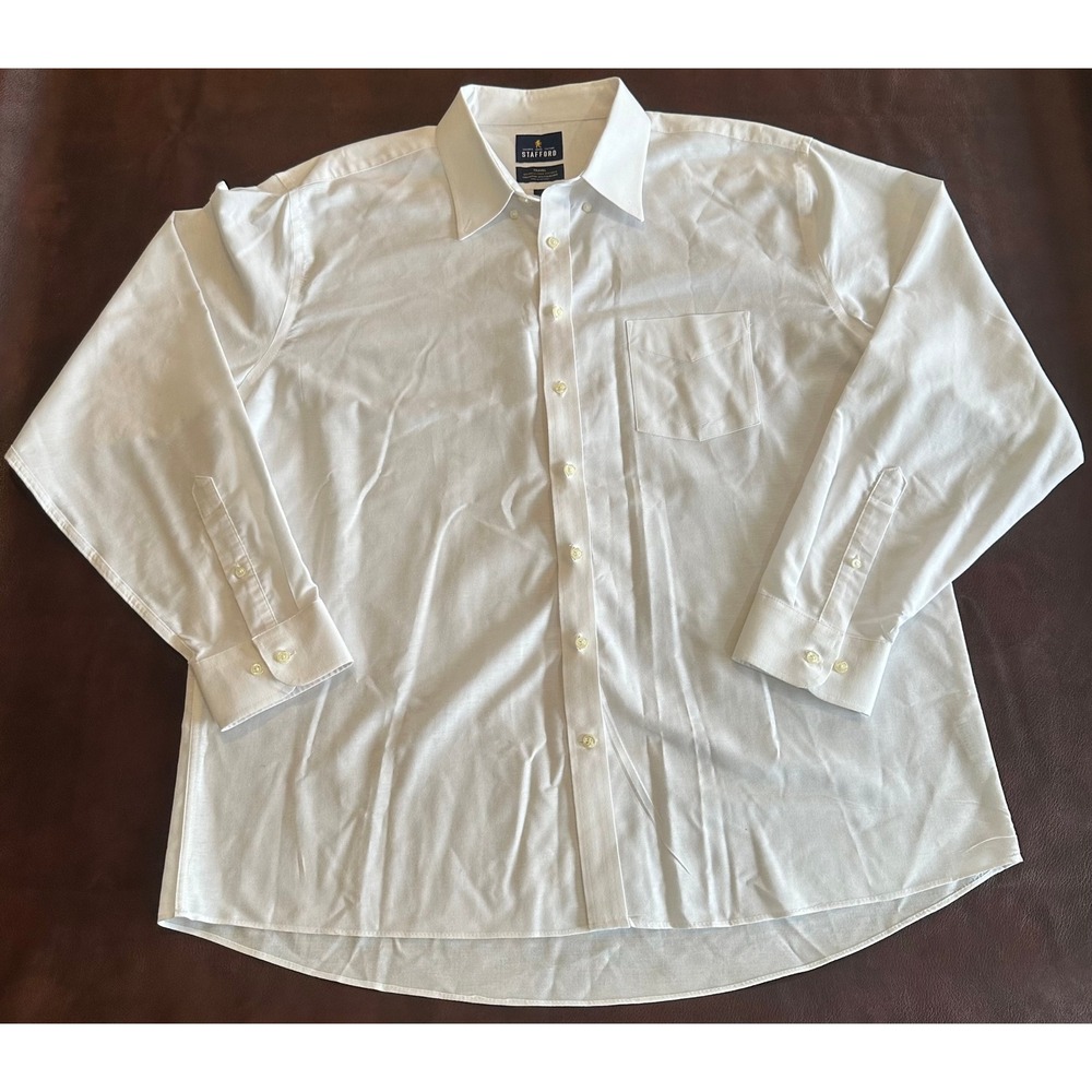 Stafford Travel Mens White Wrinkle Free Oxford Dress Shirt 18 36-37 Regular Fit